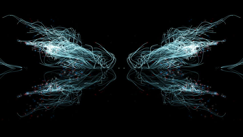 Butterfly-style kaleidoscopic particle background featuring symmetrical shapes and rays
