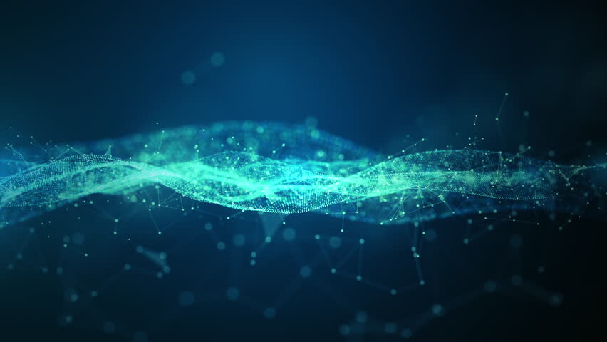 Abstract glowing wave of data dots in a technology network. Technology blockchain connection, Artificial Intelligence, and Big data transfer concepts, Futuristic innovation digital data analysis