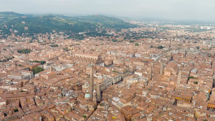 Bologna, Italy. Old Town. Two Towers. (Le due Torri) Garisenda and degli Asinelli. Towers from the 12th century. Summer. Stable, Aerial View