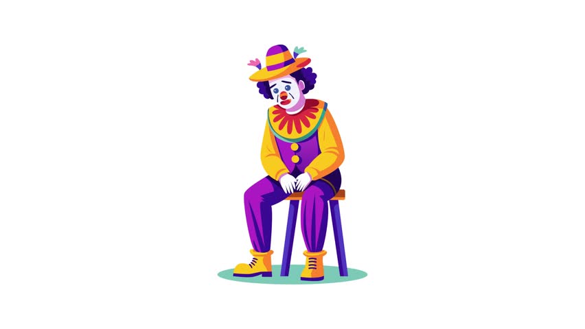 A flat animated illustration of a sad clown sitting on a wooden stool 


