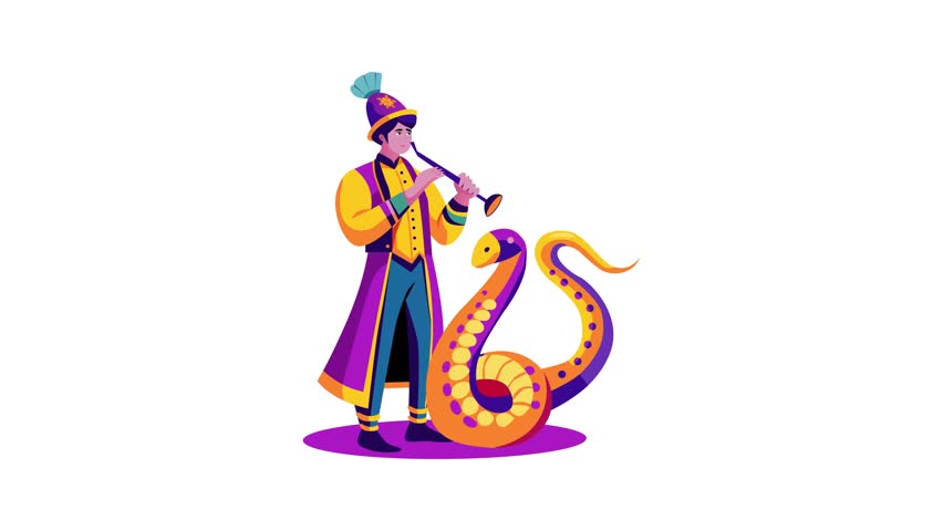 A flat animated illustration of a snake charmer playing flute in front of a snake 

