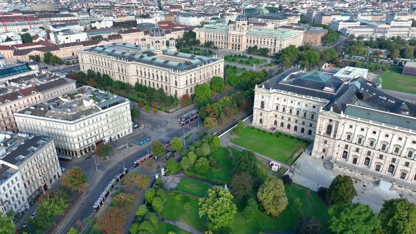 Aerial drone view of Vienna city center, famous museum complex square Maria-Theresien-Platz and the Art Gallery museum in historic center of city - landscape panorama of Austria from above, Europe
