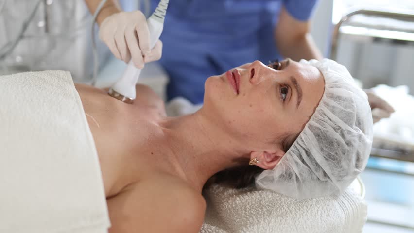 Young woman getting hardware cosmetic treatment on chest and neck area using high frequency ultrasound attachment stimulating opening of skin pores for deep penetration of moisturizers and nutrients 