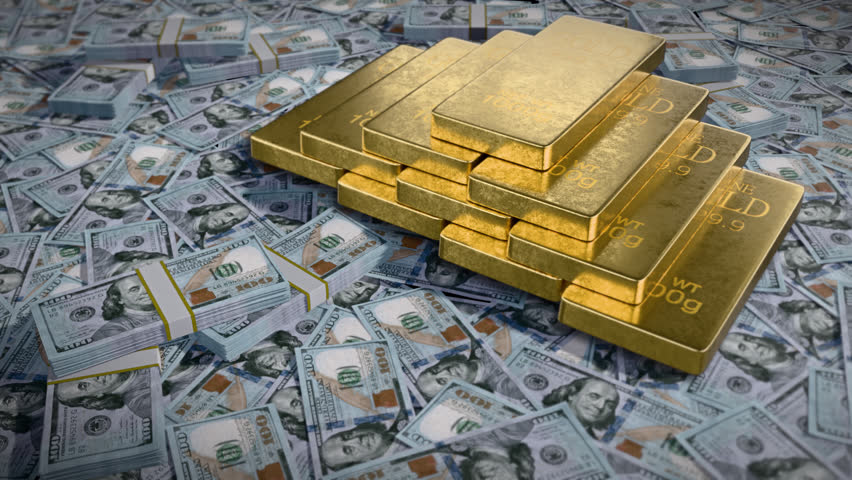 Gold Bars and Dollar Bills on The Background, Animation.Full HD 1920×1080. 08 Second Long,