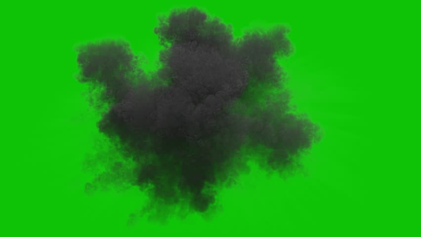 Fast ground Explosion with ring Shockwave and dense Smoke with Embers and Trails of tiny debris and quick Dissipation on uniform Green Background