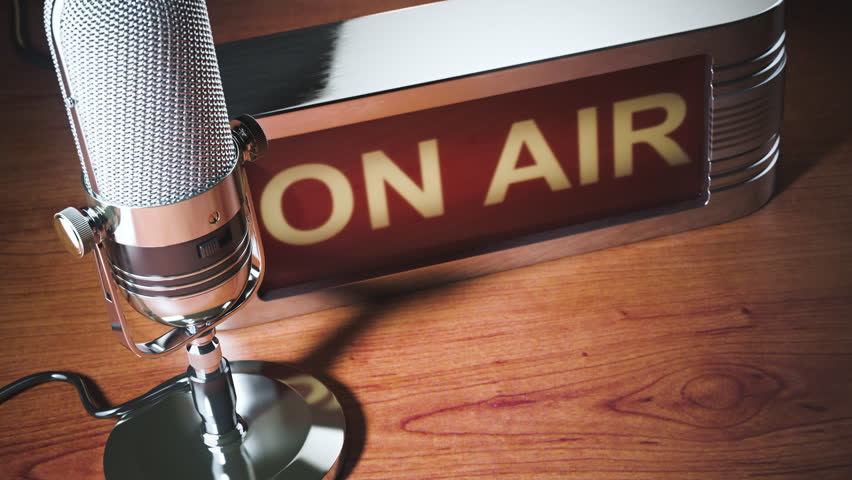 Microphone and on air board. Vintage radio, podcast, broadcasting studio.. 3D Illustration