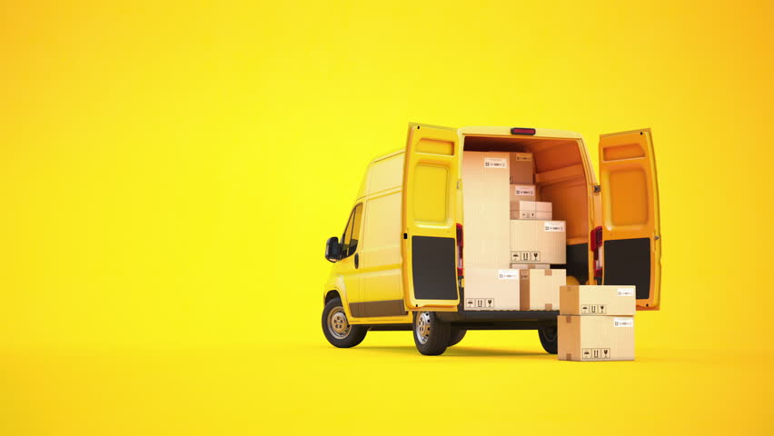 Cargo delivery van with open backdoor full of cardboard boxes and packages on yellow. 3D Illustration