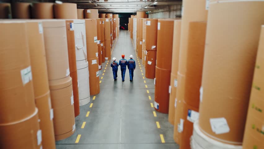Engineers workers are taking inventory of warehouse. Paper industry, stock. Paper mill workers walk through a huge warehouse with large rolls of paper. Top view, drone. Factory, supply chain, teamwork - Powered by Shutterstock - Get 15% off with code: PIKWIZARD15