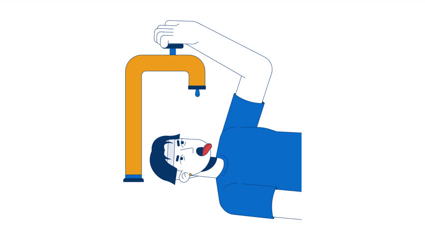 Water scarcity 2D animation. Drought environmental issue 4K video motion graphic. Thirsty asian man struggling with dry tap and droplet animated character cartoon flat concept, white background