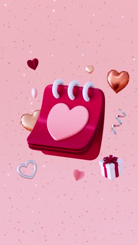 Valentines Day looping video for social media stories or post with floating calendar, hearts, festive stuff and copy space on a pink background and copy space in 3D animation