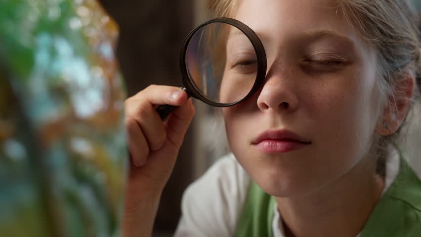 Close up curious Caucasian little girl teen child kid schoolgirl school student pupil using magnifier looking at world globe inspecting map geography lesson exploration studying learning in classroom - Powered by Shutterstock - Get 15% off with code: PIKWIZARD15