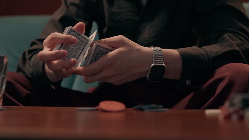 Unknown unrecognizable Caucasian guy man gambler poker player gamer dealer mixing playing cards blackjack game shuffling card drink alcohol whiskey smoking cigar gambling addiction bad habits at home