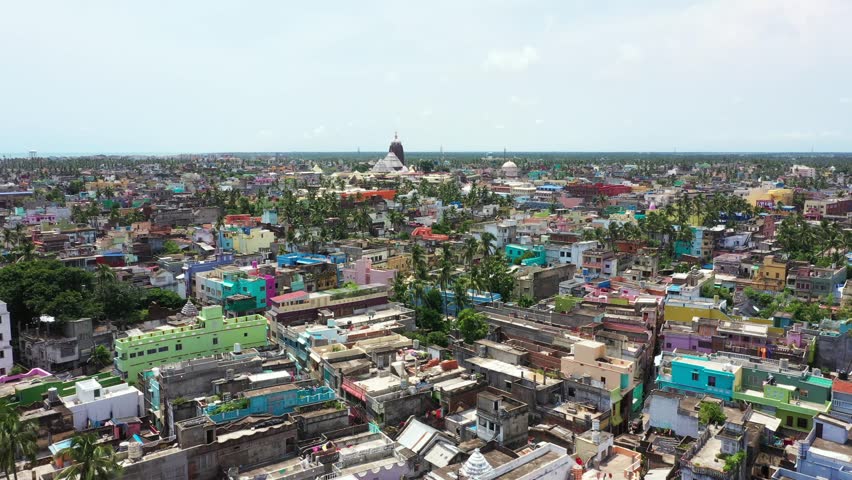 A captivating aerial view of Puri town, with the iconic Lord Jagannath Temple at the heart of the city. This stunning perspective showcases both the spiritual and cultural vibrancy of Puri, Odisha.