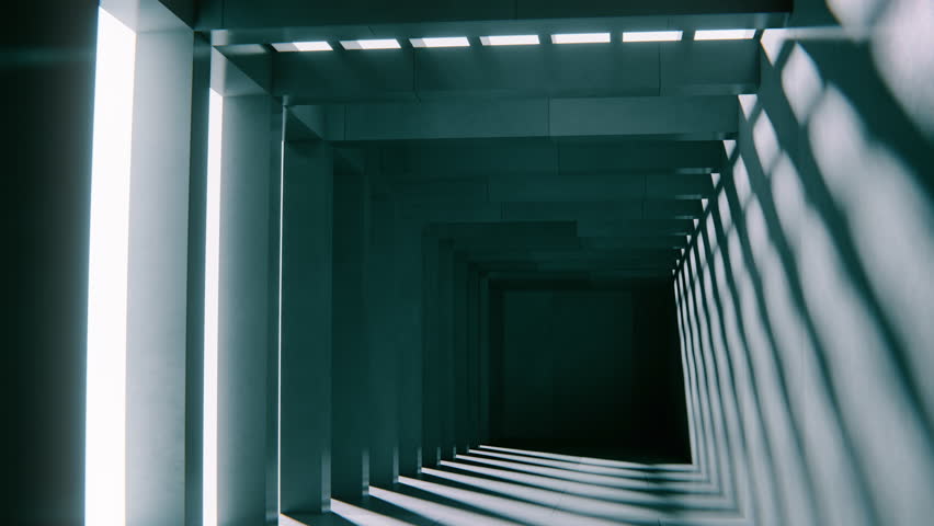Dynamic time-lapse animation with shifting sunlight patterns in modern, geometric concrete hallway. The sharp light and shadow transitions create a futuristic and atmospheric effect, perfect for archi