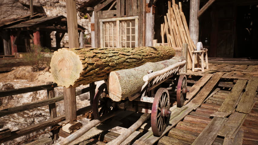 A wooden cart rests on sturdy planks, carrying two large logs. Nearby, a rustic cabin stands surrounded by tall trees, creating an inviting, natural atmosphere.
