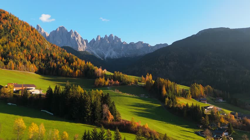Val di Funes and village Santa Maddalena. Dolomites, Italy
