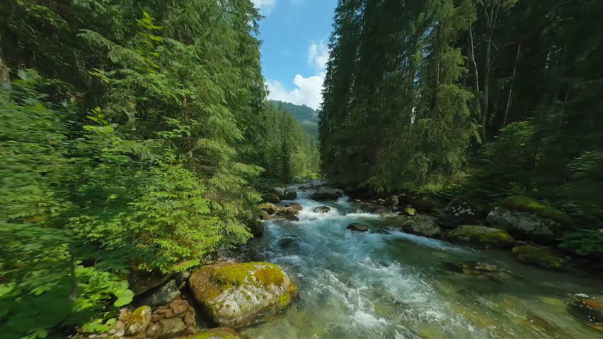 Flight over a mountain river. Shot on FPV drone. Tatra Mountains, Slovakia.