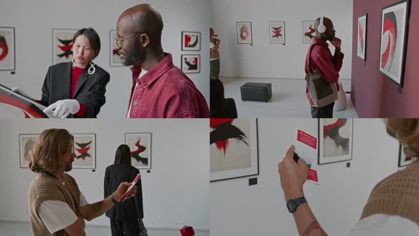 Split screen of group of ethnically diverse people viewing and admiring abstract art and reading leaflet in minimalist art gallery