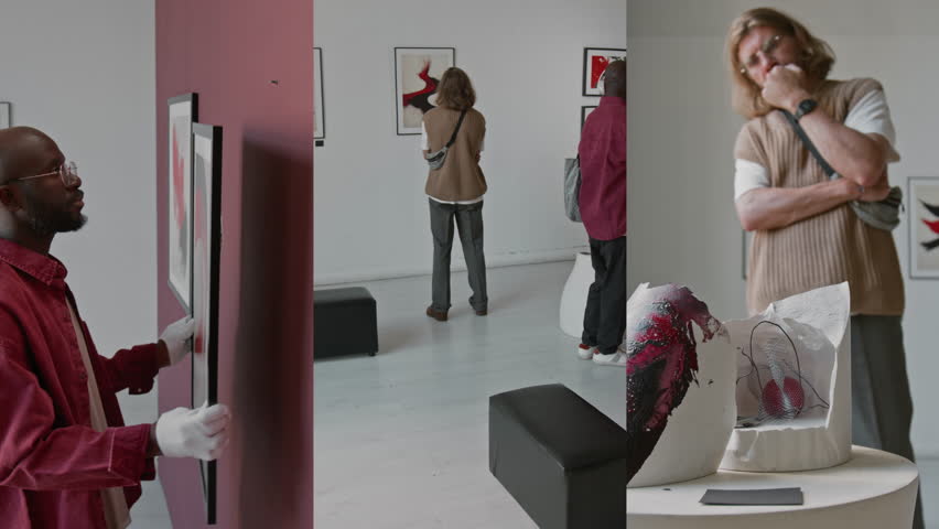 Split Screen of African American art curator hanging painting on wall, visitors admiring pieces of abstract art at exhibition in minimalist art gallery