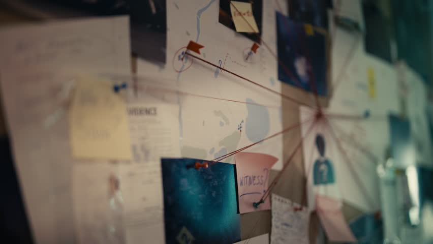 Detective writes a question mark on investigation board, working to solve crime