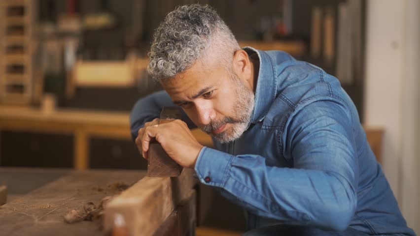 Focused craftsman sanding wood and blowing off dust in a workshop. Mature woodworker carefully refining the wooden surface, demonstrating attention to detail and precision