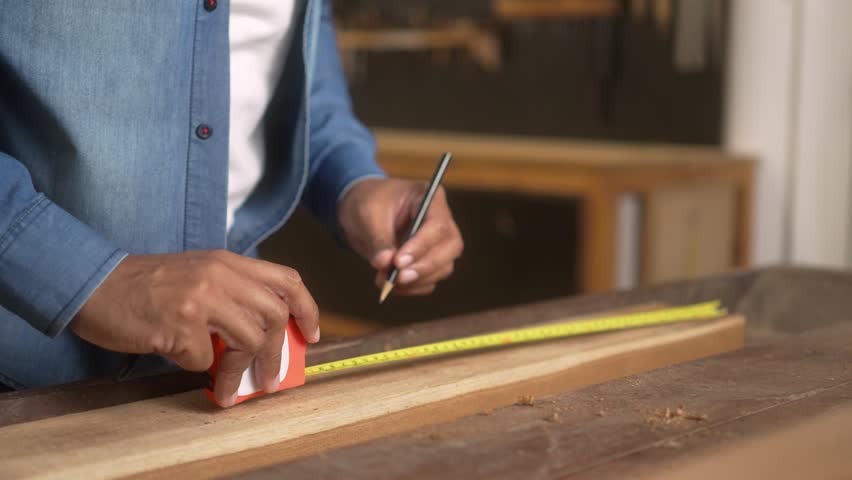 Carpenter measuring wooden plank and marking it with a pencil in workshop. Hands of a craftsman using tape measure on wood while working on precision task