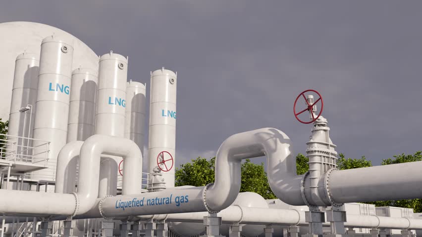 LNG plant. Pipelines with valves, natural gas liquefaction facility and storage tanks against the sky. Concept of global markets consumption of natural gas. Time lapse. 3D rendering