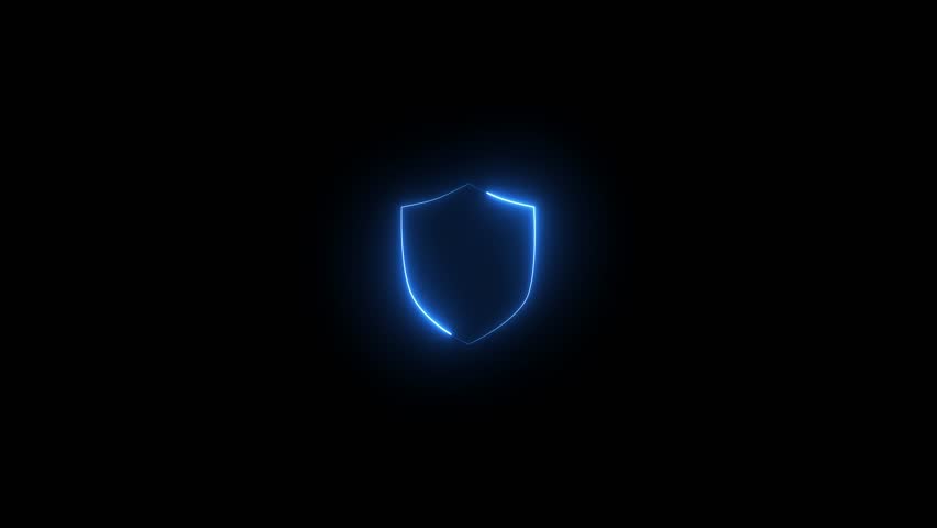 Glowing neon security icon. glowing neon line shield stroke icon animation.