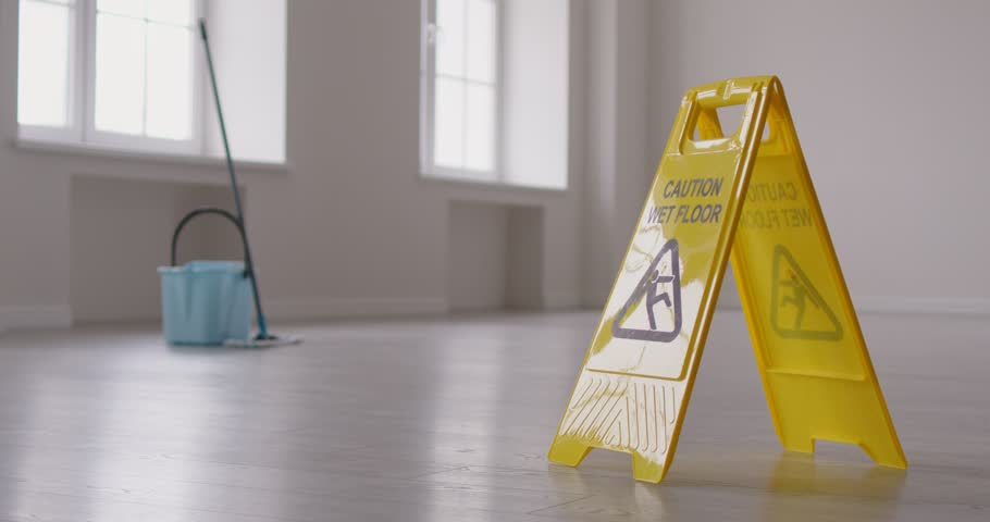 Yellow plastic janitorial sign with Caution Wet Floor notice and falling human figure pictogram standing on clean slippery light grey wood or laminate office floor, with bucket and mop in background
