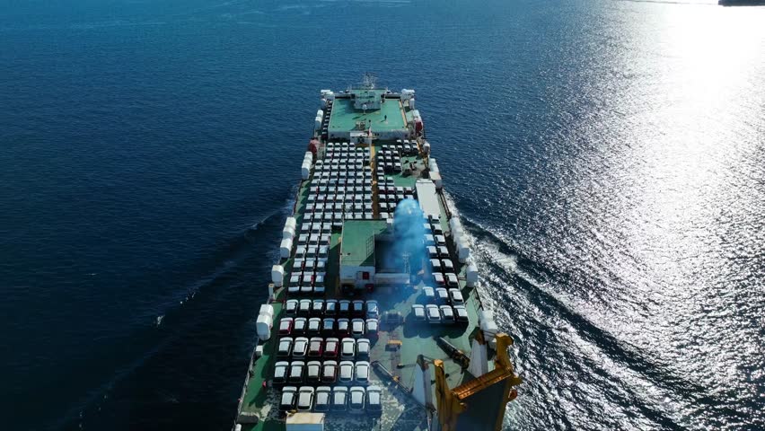 Aerial drone tracking video of roll on roll off or ro ro cargo ship with deck designed to carry wheeled cargo cruising outside popular Mediterranean port with deep blue sea 