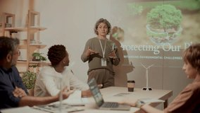 Middle-aged female engineer leading presentation on climate change at office meeting and discussing environmental issues with diverse team of colleagues - Powered by Shutterstock - Get 15% off with code: PIKWIZARD15