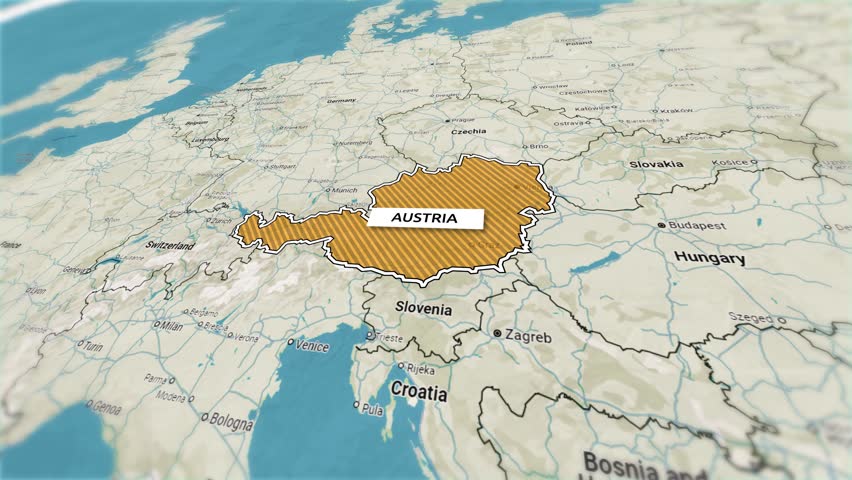 Borders of the state of Austria on the map. Country Austria on the map is highlighted by a polygonal border. From above zooming in with panoramic view