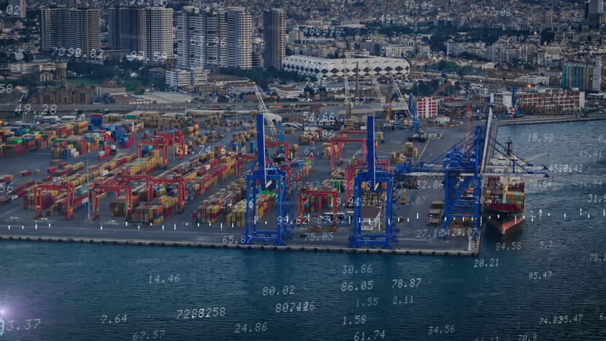 Global economy and technology data communication with up trend stock markets blue chart animation and financial trading board multi-exposure with sea container port