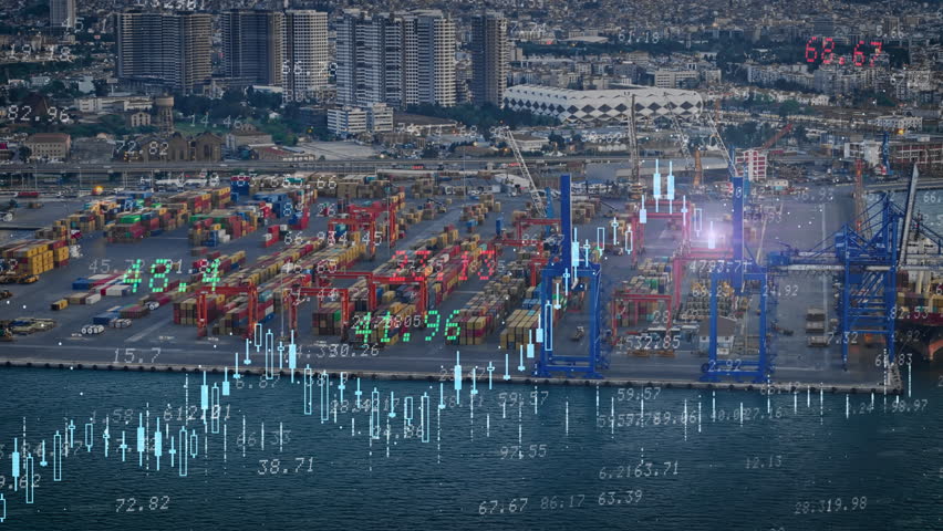 Global economy and technology data communication with up trend stock markets blue chart animation and financial trading board multi-exposure with sea container port