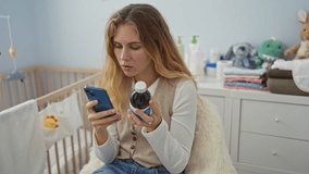 Woman sitting in nursery checking medication with smartphone, surrounded by baby essentials, appearing focused and concerned in bright, calm bedroom setting. - Powered by Shutterstock - Get 15% off with code: PIKWIZARD15