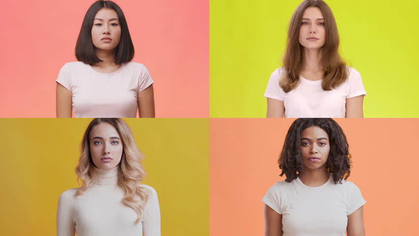 Four women of various backgrounds display different emotional gestures against vibrant colored backgrounds, showcasing diversity and the expression of feelings in a creative collection.