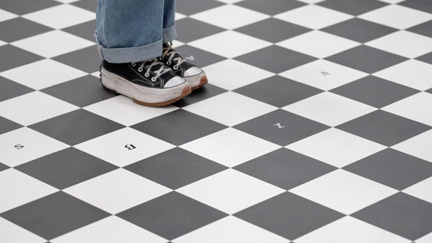 Person standing on a black and white checkered floor