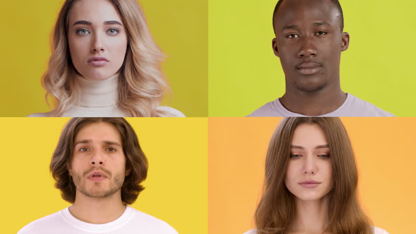 Four individuals showcase different emotions through gestures against bright backgrounds. This multiracial collection highlights their unique expressions and connections, inviting viewers to engage.