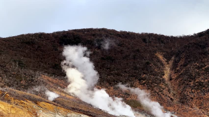 Steam rises from Owakudani Hakone, a volcanic valley in Japan surrounded by nature