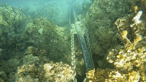 A submarine fiber optic cable lies on a rocky seabed, secured with chains. This critical infrastructure connects islands, highlighting strategic reliance on undersea cables for global communication. - Powered by Shutterstock - Get 15% off with code: PIKWIZARD15