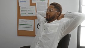 Man reclining in an office chair, indoors, with a bulletin board covered in documents behind him in a workplace setting. - Powered by Shutterstock - Get 15% off with code: PIKWIZARD15