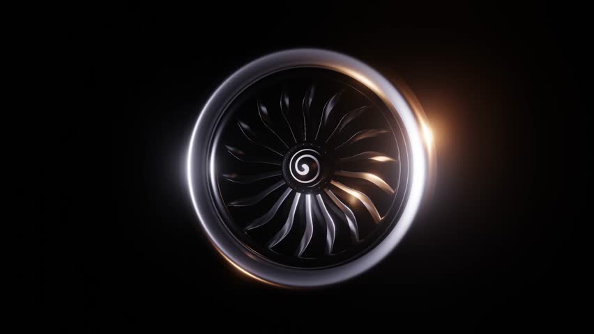 Spinning Aircraft Engine Front View with Detailed Blades and Spiral Over Dark Background in 3D Animation