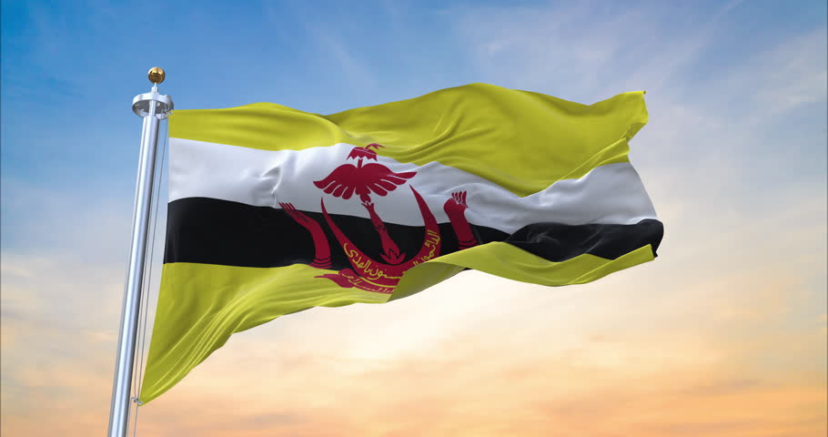 Flag of Brunei realistic waving in the wind with sundown background (Perfect Loop)