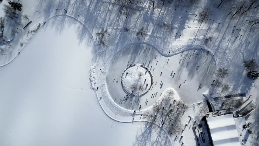View of the skating rink and downtown in winter from Mont Royal, Montreal. Quebec, Canada