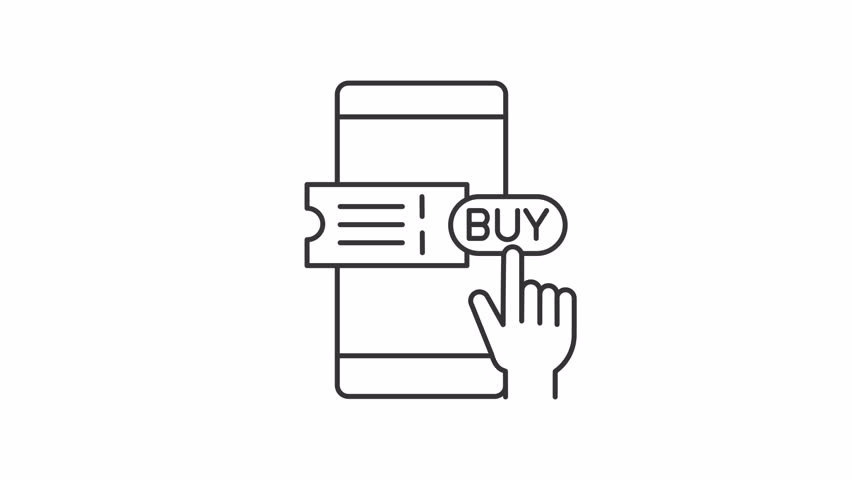 Buy ticket line animation. Booking via mobile application animated line icon. Online banking service option. Black illustration on white background. HD video with alpha channel. Motion graphic
