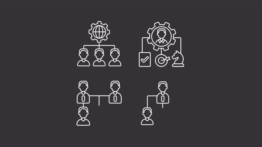 Corporate hierarchy animation library. Organizational structure animated white line icons. Employees management. Black illustrations on white background. HD video with alpha channel. Motion graphic