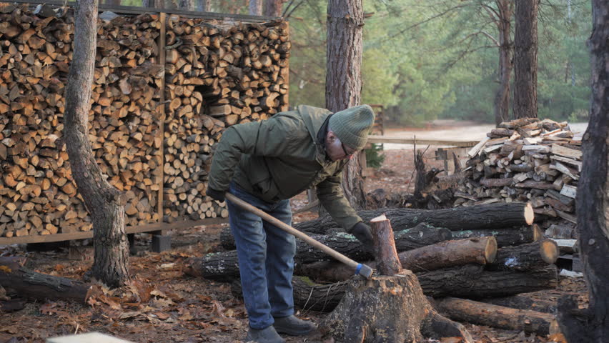 A man is chopping wood with an axe in a tranquil forest setting. Piles of neatly stacked firewood surround him, illuminated by the soft morning light.