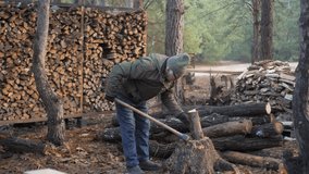 A man is chopping wood with an axe in a tranquil forest setting. Piles of neatly stacked firewood surround him, illuminated by the soft morning light. - Powered by Shutterstock - Get 15% off with code: PIKWIZARD15