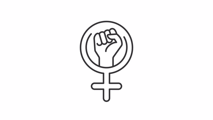 Feminism line animation. Raised fist in venus mirror animated icon. Fighting for women rights and equality. Black illustration on white background. HD video with alpha channel. Motion graphic