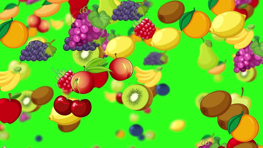 Vibrant fruits falling against a green background